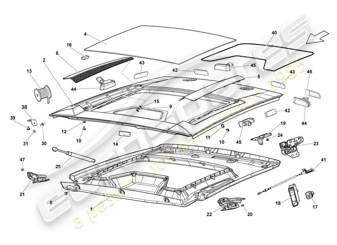 lamborghini gallardo coupe (2004) tapa trasera transparente diagrama de piezas