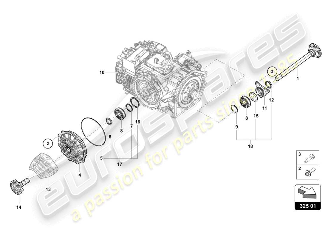 lamborghini evo spyder (2021) eje bridado con cojinete diagrama de piezas