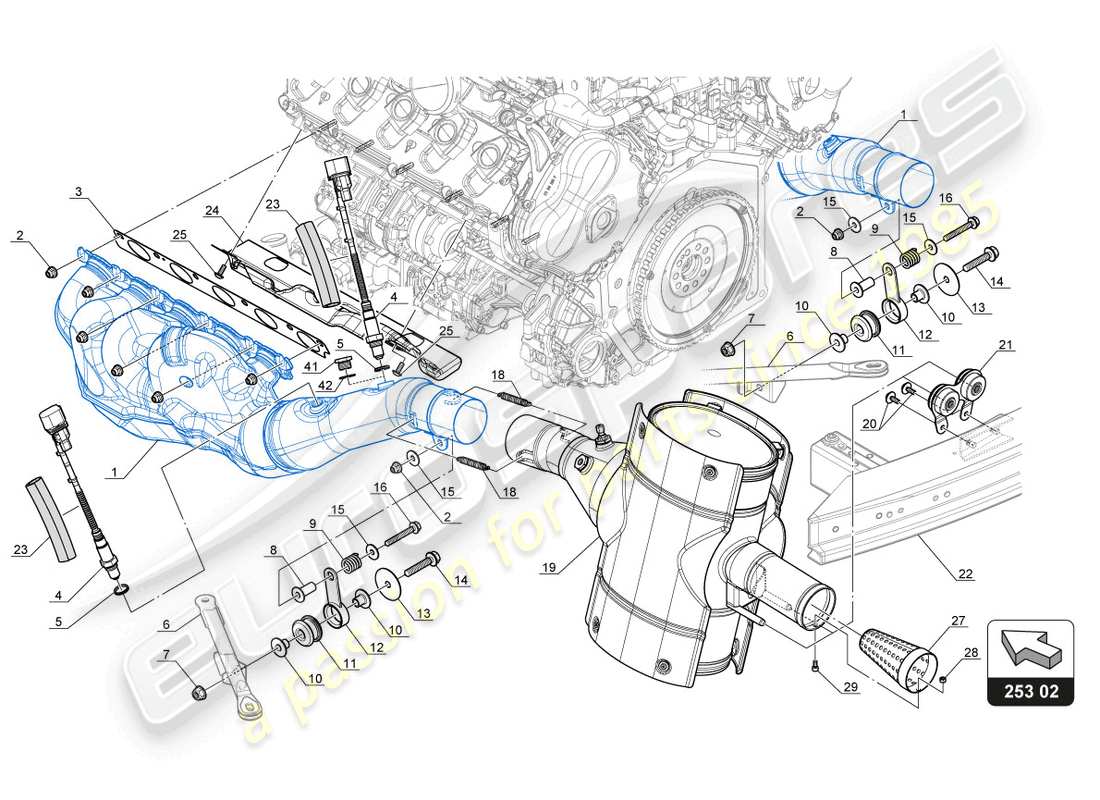 lamborghini gt3 evo (2018) diagrama de piezas del sistema de escape silenciado