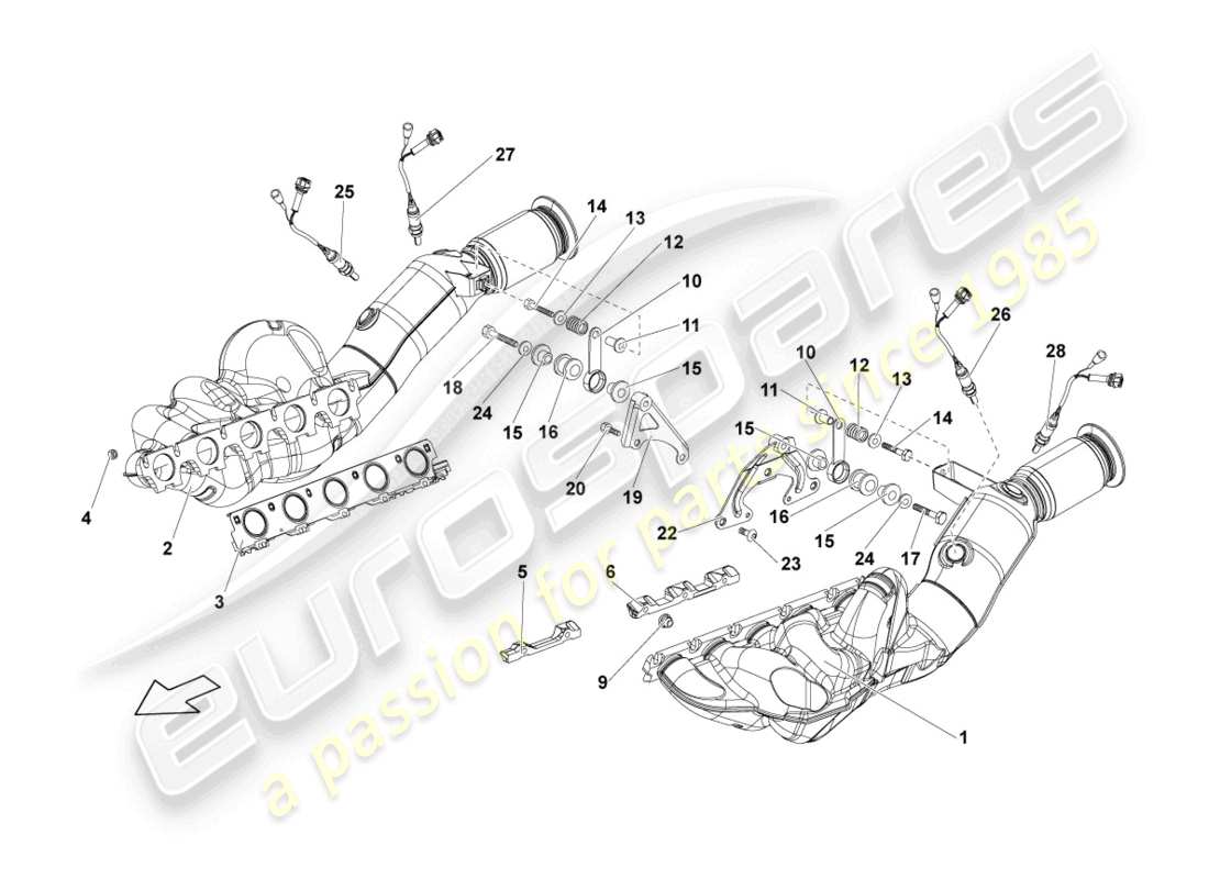 lamborghini lp570-4 sl (2010) colector de escape con convertidor catalizador diagrama de piezas