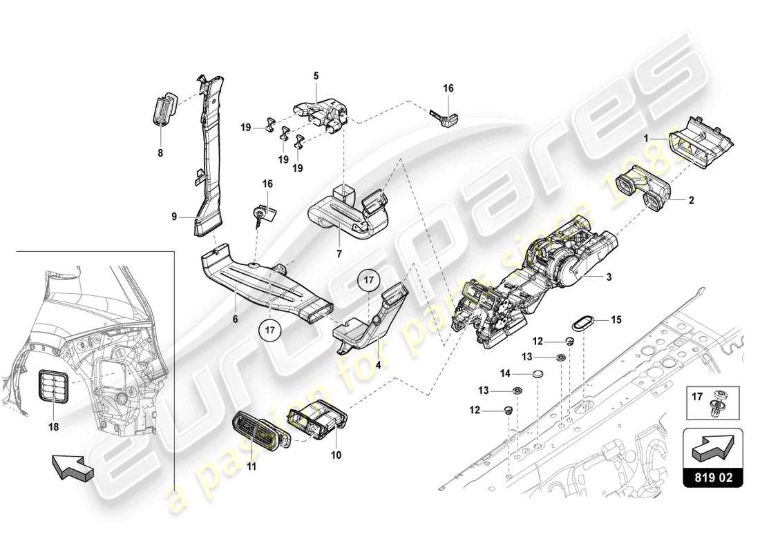 lamborghini urus s (2024) diagrama de piezas del ventilador trasero central