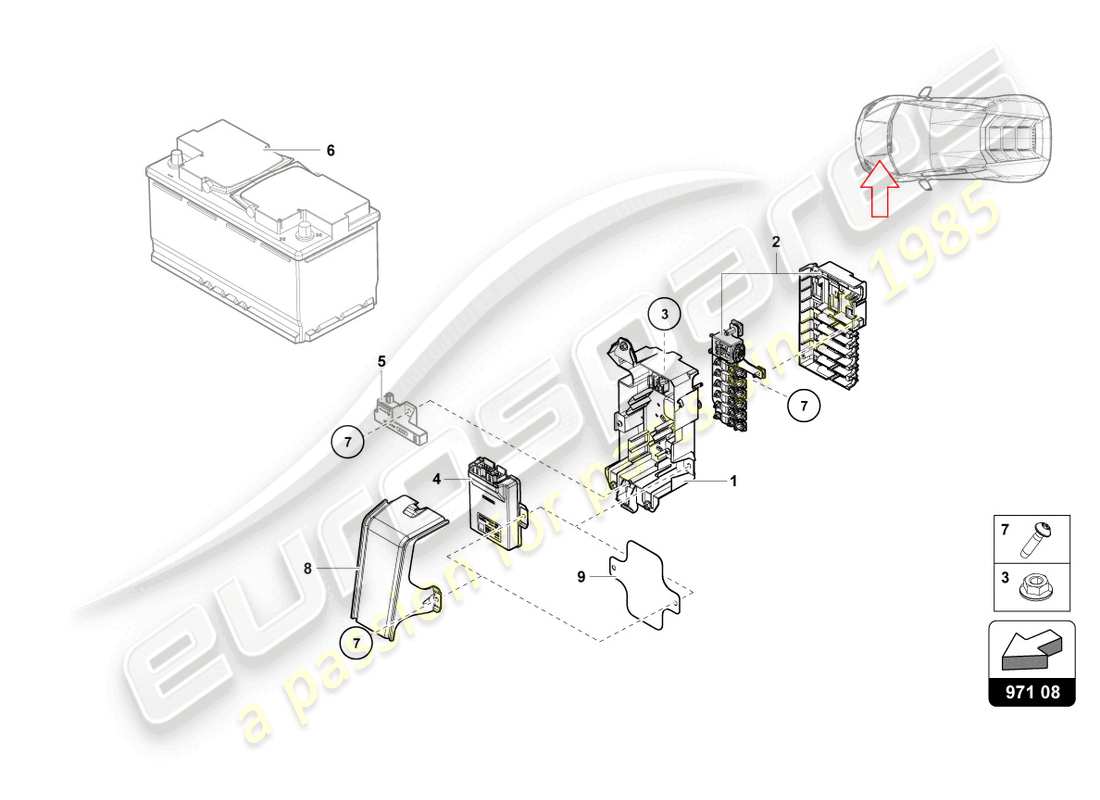 lamborghini evo coupe (2023) diagrama de piezas de la caja de fusibles