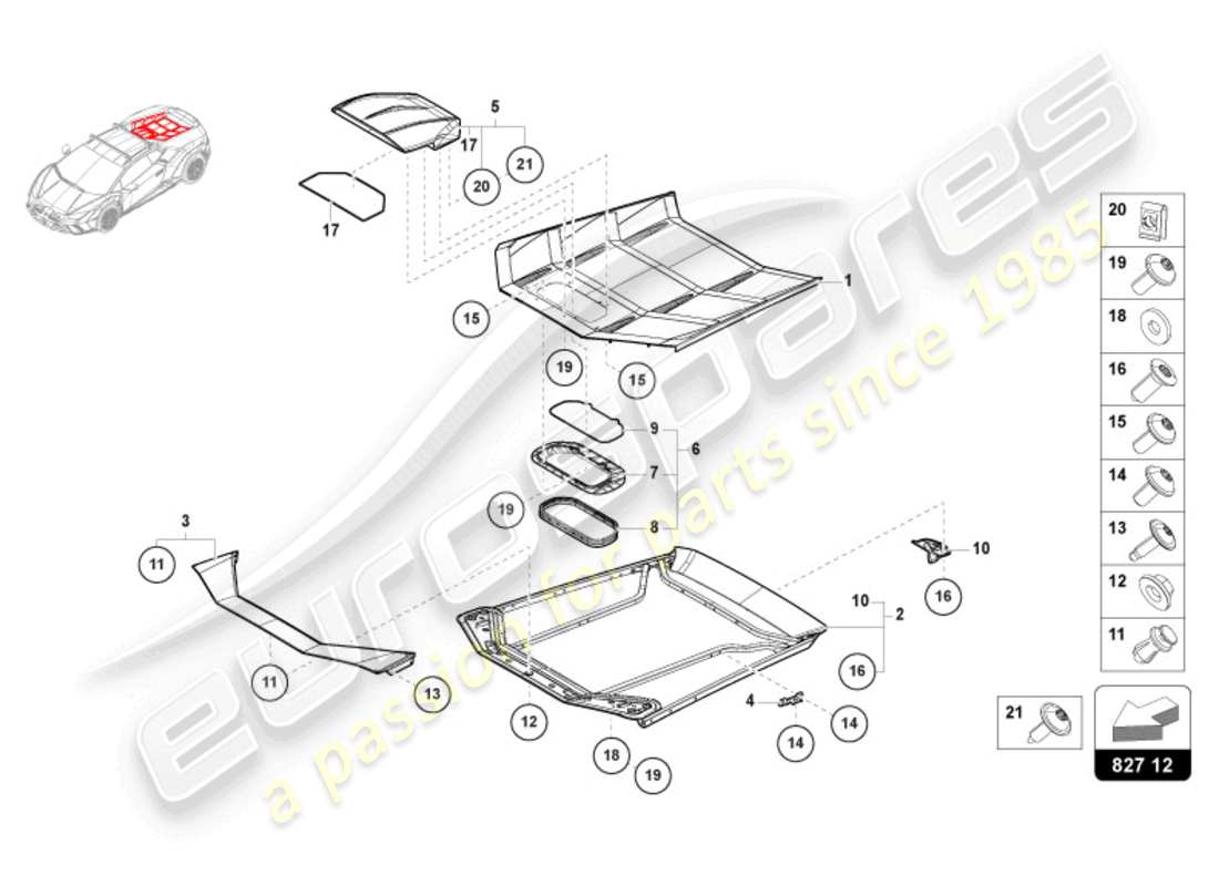 lamborghini 2024 (sterrato) cubierta del motor con insp. diagrama de piezas de la cubierta