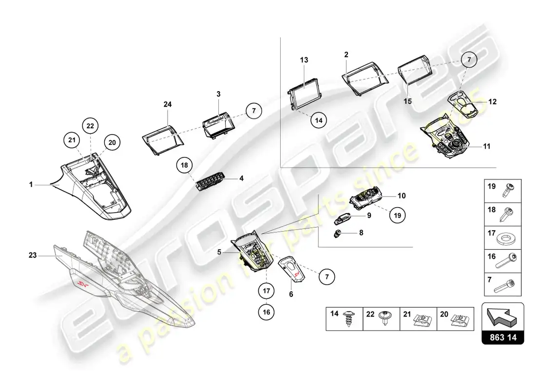 lamborghini lp750-4 sv roadster (2017) diagrama de piezas de la consola central