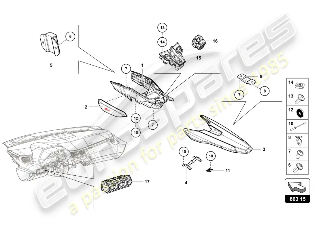 lamborghini lp750-4 sv roadster (2017) diagrama de piezas de la unidad de interrupción
