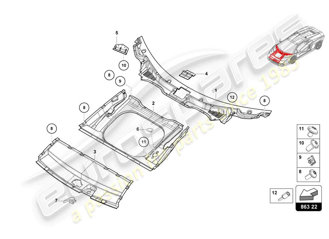 lamborghini countach lpi 800-4 (2022) complemento de equipaje. revestimiento de suelo diagrama de piezas
