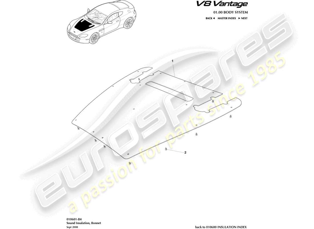 aston martin v8 vantage (2006) aislamiento acústico, diagrama de piezas de compensación del motor