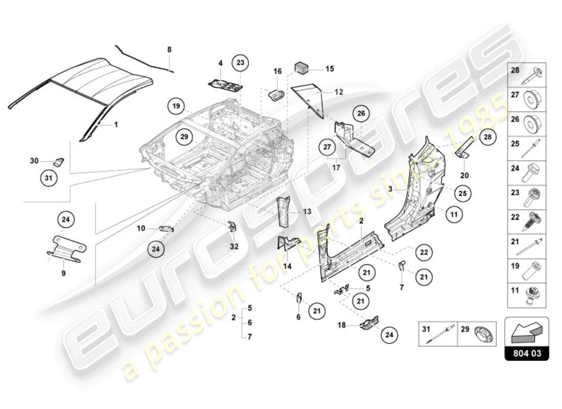 lamborghini 2024 (sto) diagrama de piezas de refuerzo de techo