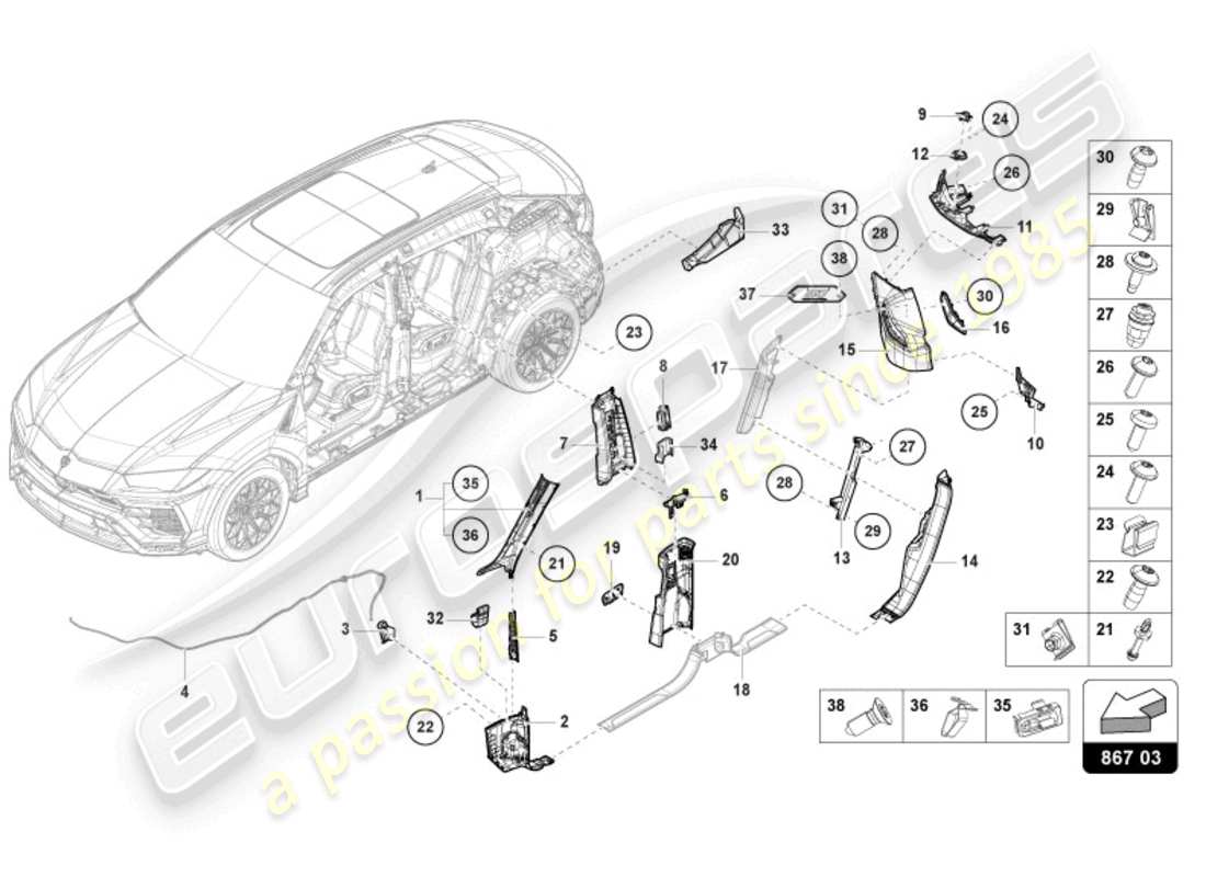 lamborghini urus (2020) diagrama de piezas del trim del pilar