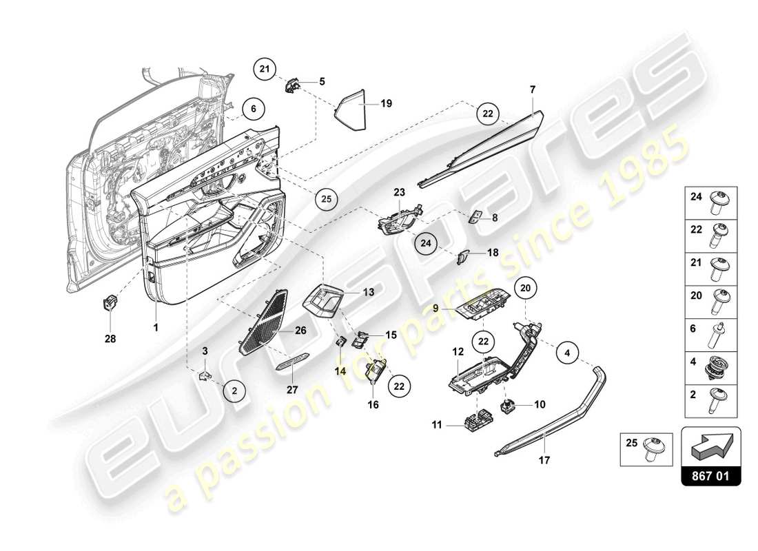 lamborghini urus (2020) panel de puerta delantero diagrama de piezas