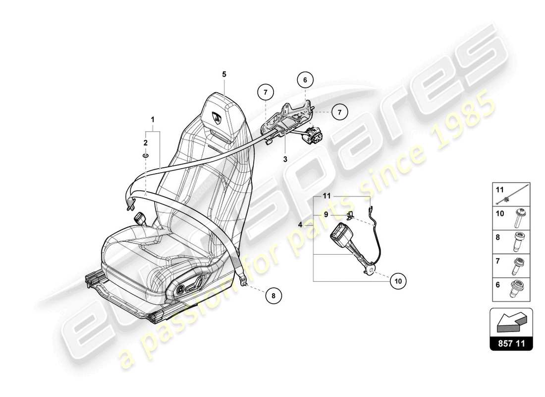 lamborghini urus (2022) esquema de piezas del cinturón de seguridad de tres puntos trasero