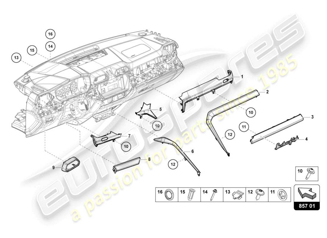 lamborghini urus (2022) panel de acabado para el panel de salpicadero diagrama de piezas