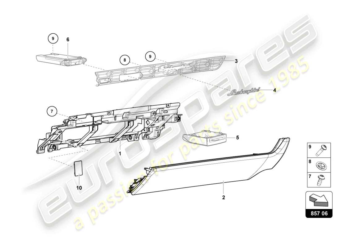 lamborghini tecnica (2024) diagrama de piezas de la guantera