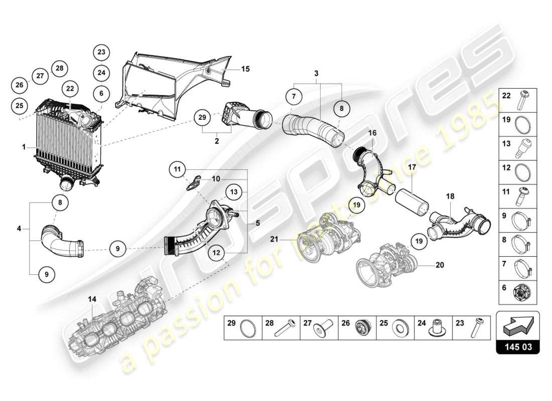 lamborghini urus (2022) diagrama de piezas del enfriador de aire de carga izquierdo