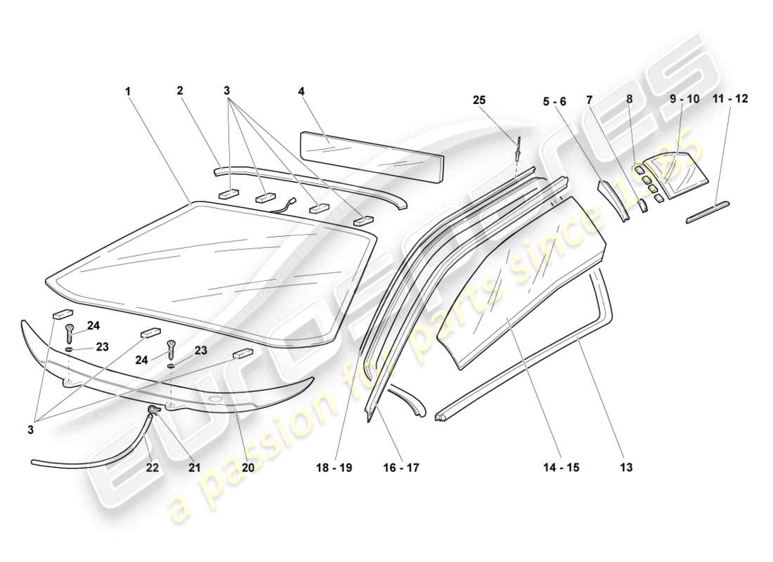 lamborghini lp640 coupe (2009) diagrama de piezas de vidrios para ventanas