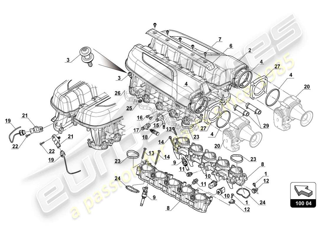 lamborghini gt3 evo (2018) diagrama de piezas del colector de admisión de aire