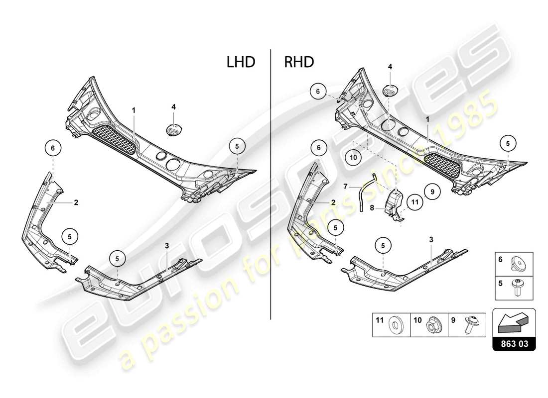 lamborghini tecnica (2024) diagrama de piezas de la cubierta delantera