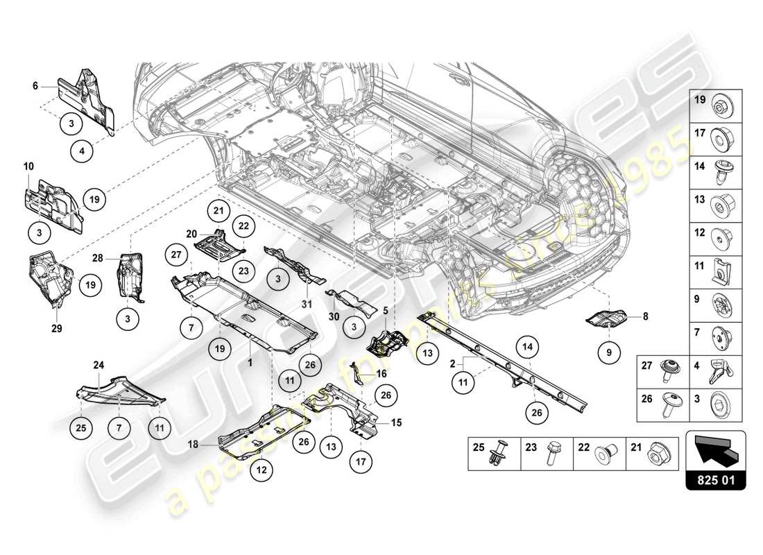 lamborghini urus performante (2023) diagrama de piezas del revestimiento de bajos