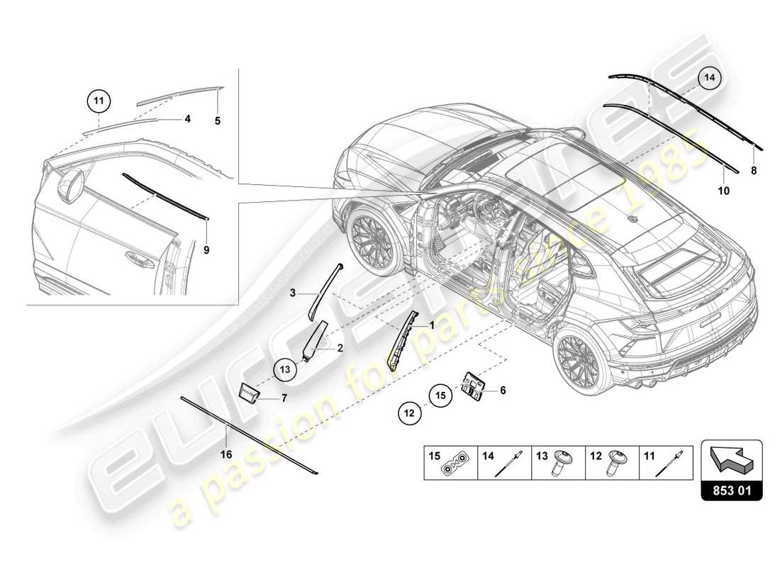 lamborghini urus performante (2023) molduras diagrama de piezas