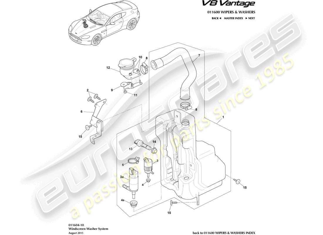 un diagrama de piezas del catálogo de piezas Aston Martin V8 Vantage (2015)