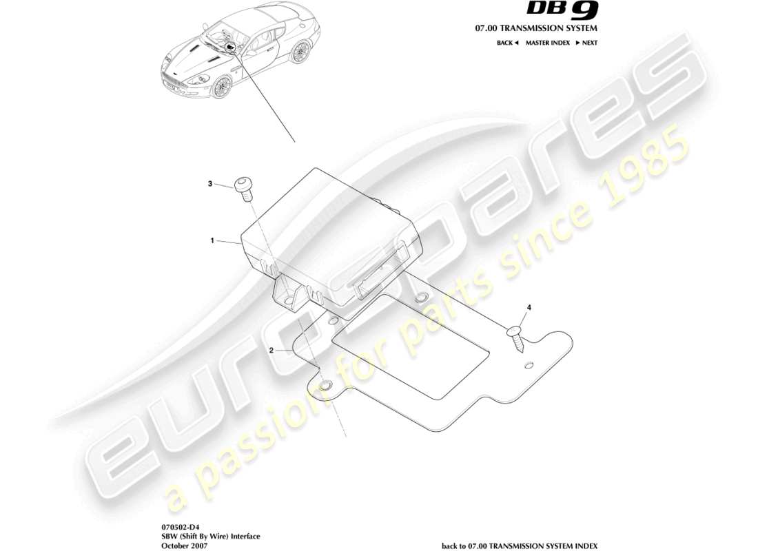 aston martin db9 (2010) diagrama de piezas de la interfaz de cambio por cable