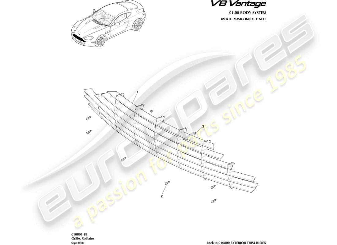 aston martin v8 vantage (2006) diagrama de piezas de la parrilla del radiador