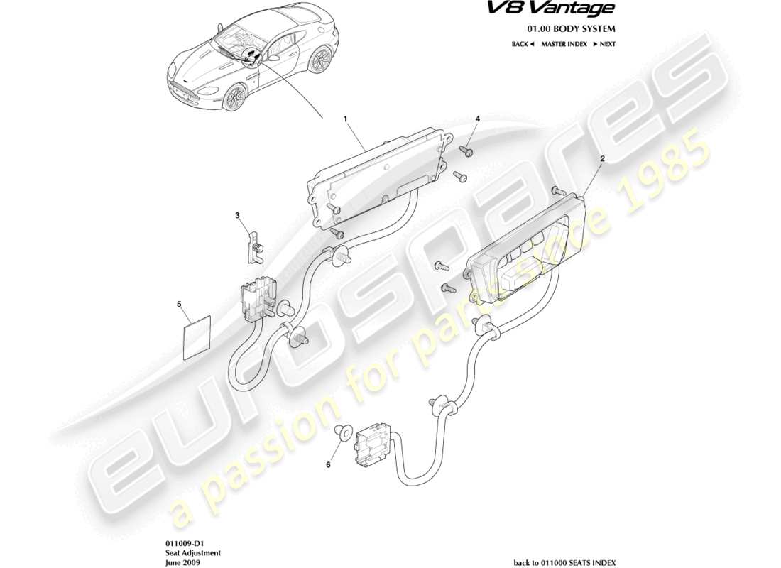 aston martin v8 vantage (2006) diagrama de piezas de ajuste del asiento delantero