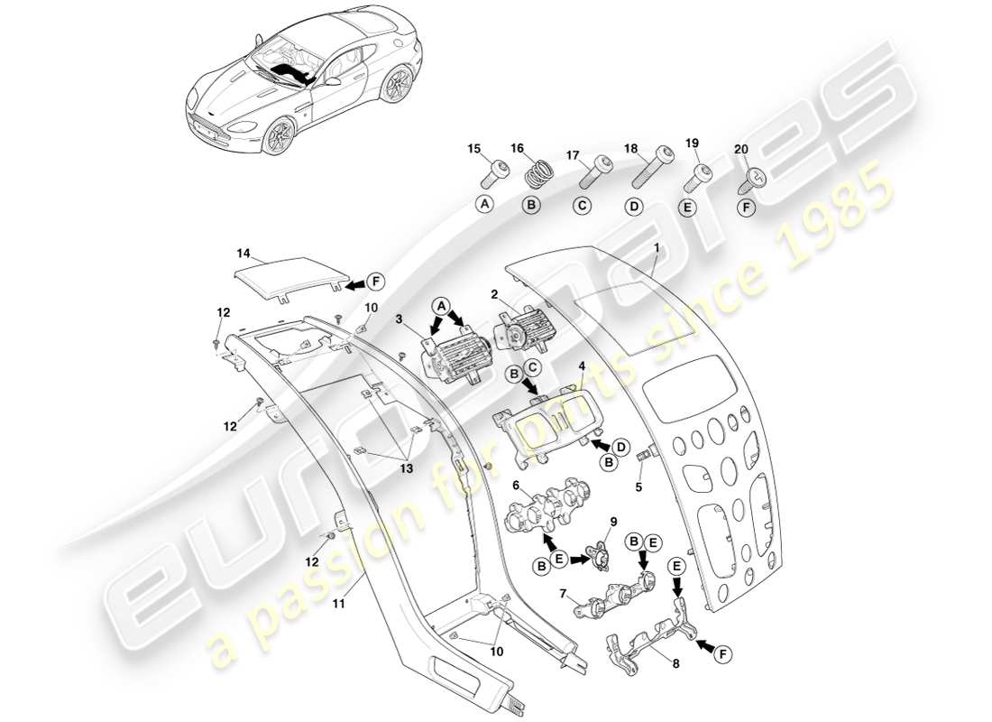 aston martin v8 vantage (2007) columna central, asm, diagrama de piezas 16my