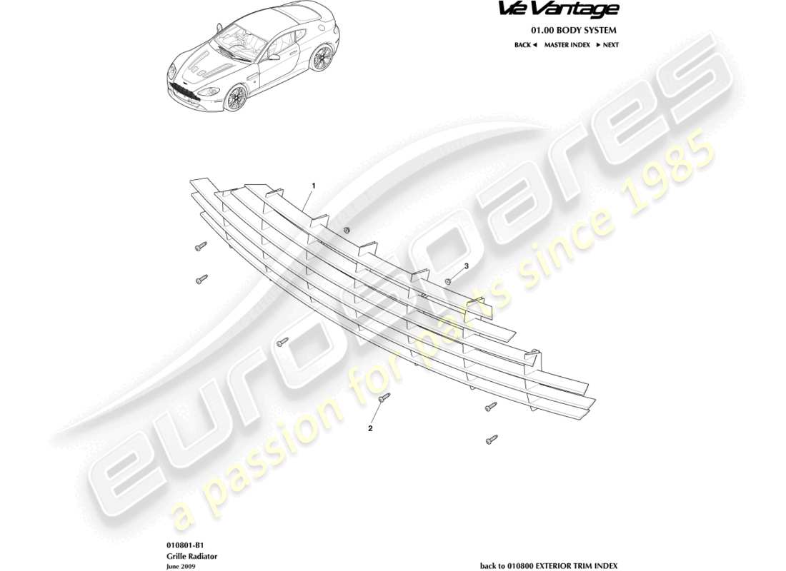 aston martin v12 vantage (2013) diagrama de piezas de la parrilla del radiador