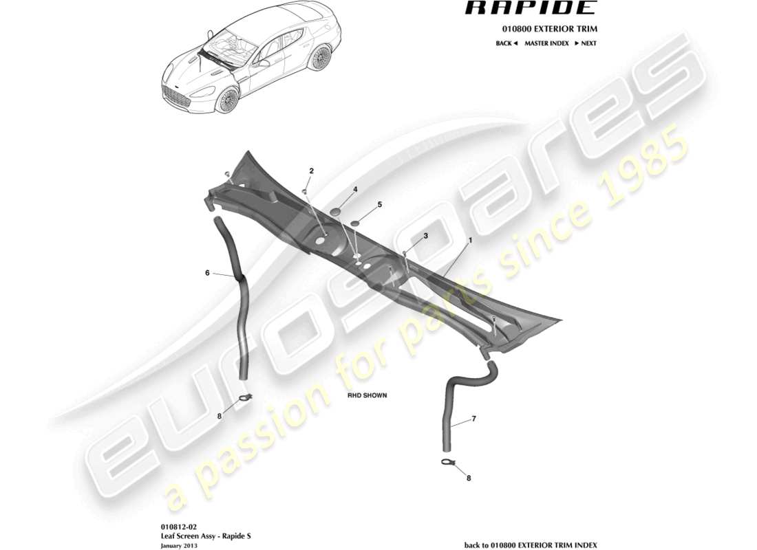 aston martin rapide (2018) diagrama de piezas de la pantalla de hojas