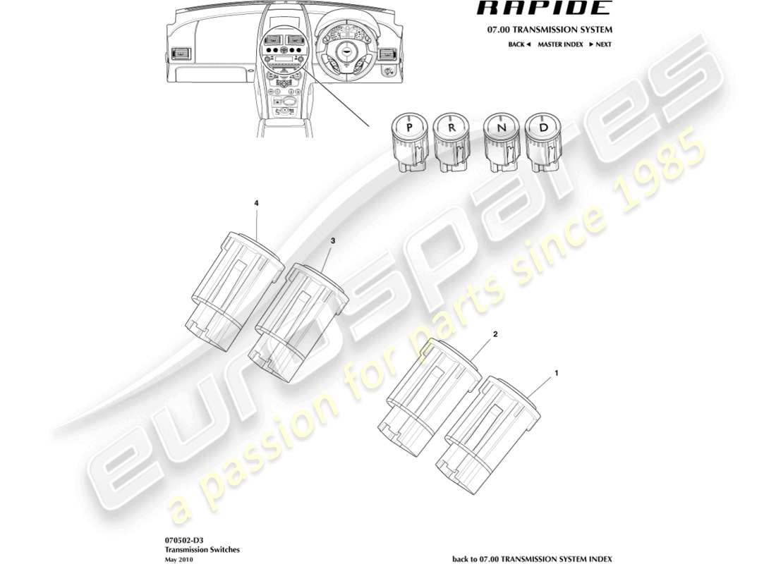 aston martin rapide (2010) diagrama de piezas de los interruptores del transeje