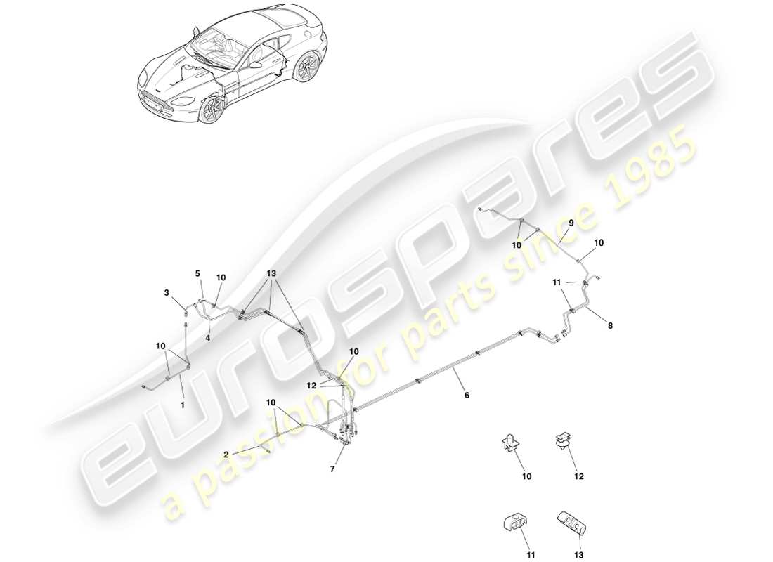 aston martin v8 vantage (2005) líneas y mangueras de freno, diagrama de piezas rhd