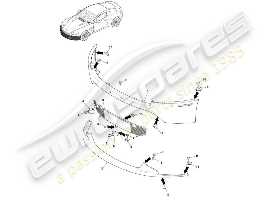 aston martin v8 vantage (2005) parachoques delantero, 12.25my en y v8s diagrama de piezas