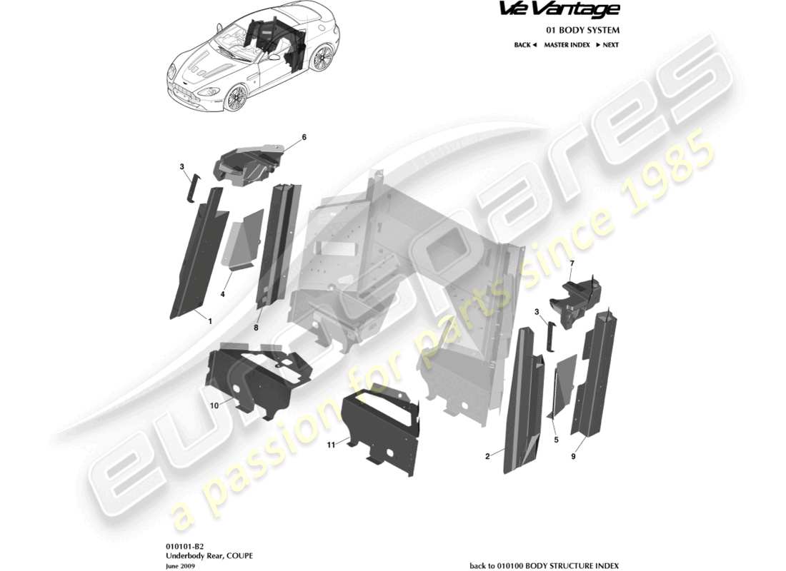 aston martin v12 vantage (2010) diagrama de piezas del cupé, parte trasera de la parte inferior de la carrocería