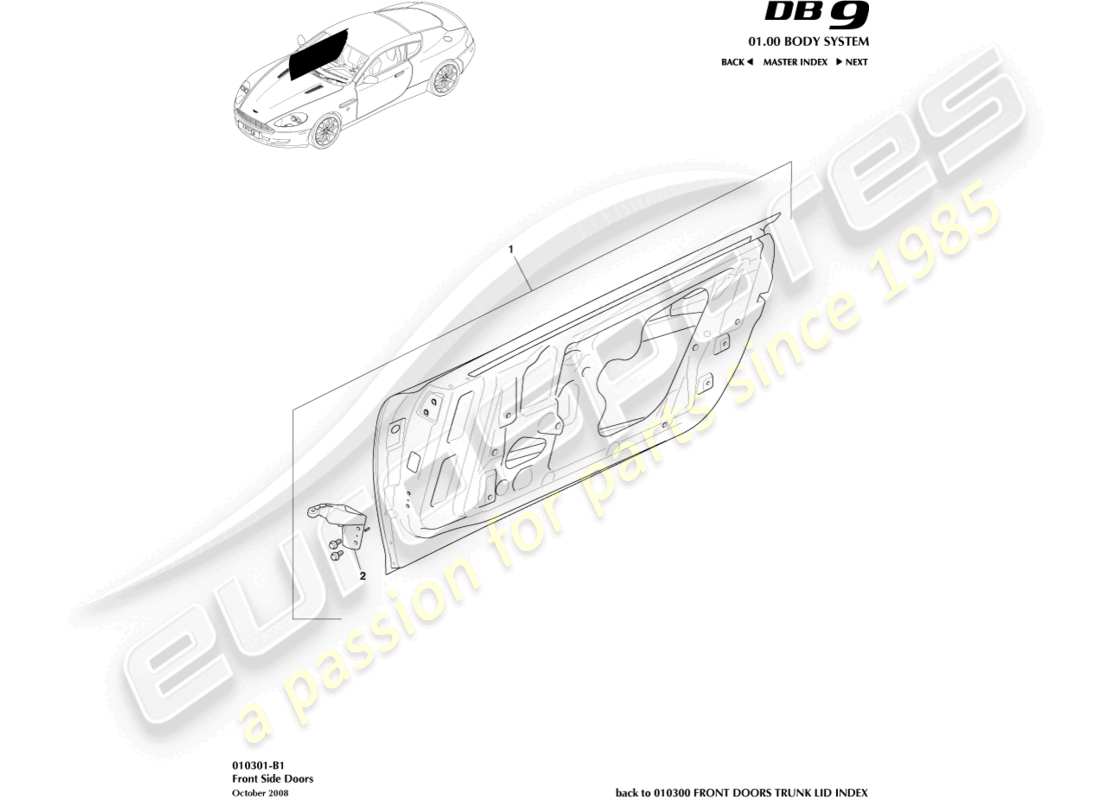 aston martin db9 (2007) diagrama de piezas de las puertas laterales delanteras
