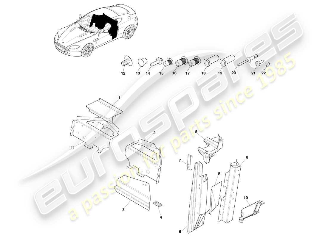 aston martin v8 vantage (2005) diagrama de piezas del cupé, parte trasera de la parte inferior de la carrocería