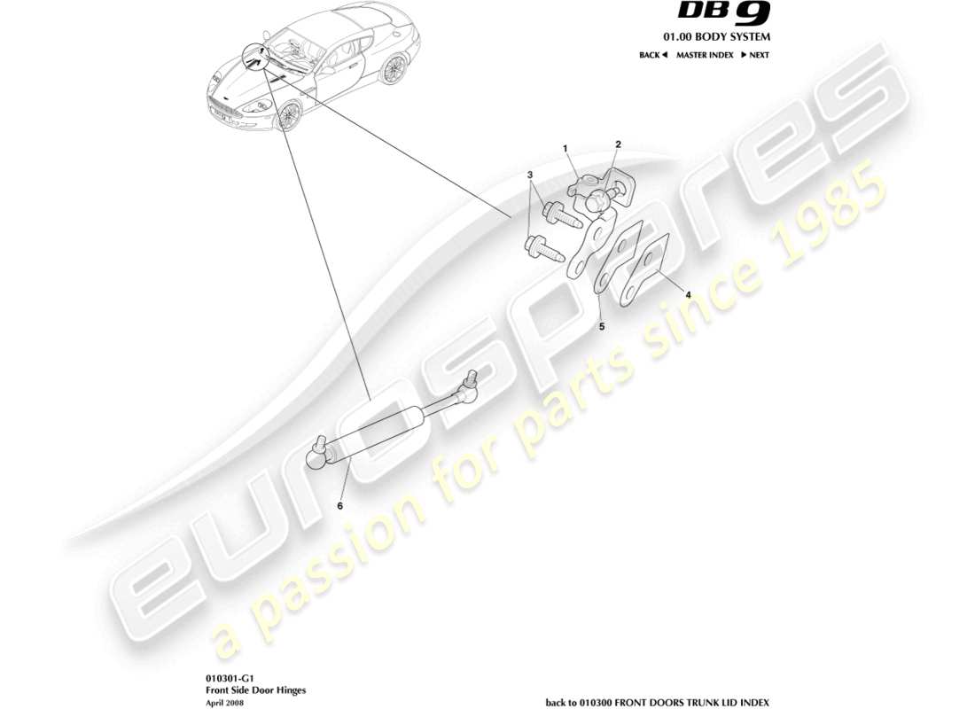 aston martin db9 (2007) diagrama de piezas de bisagras de puerta