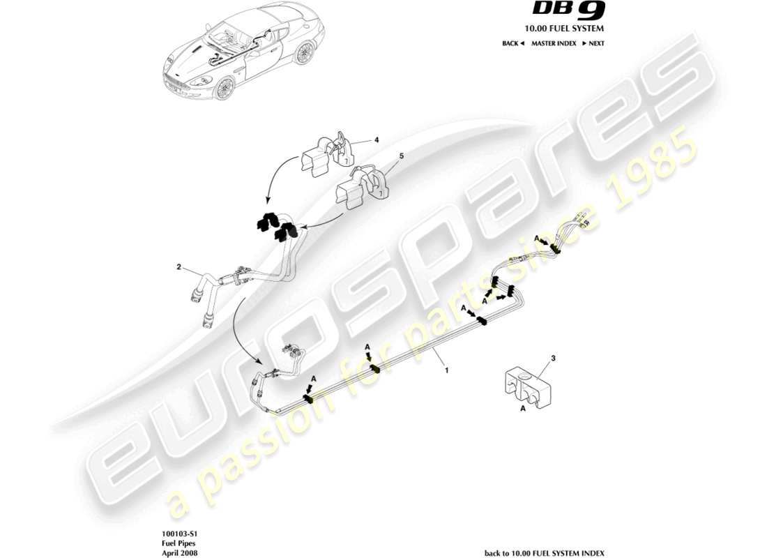 aston martin db9 (2008) tuberías de combustible diagrama de piezas