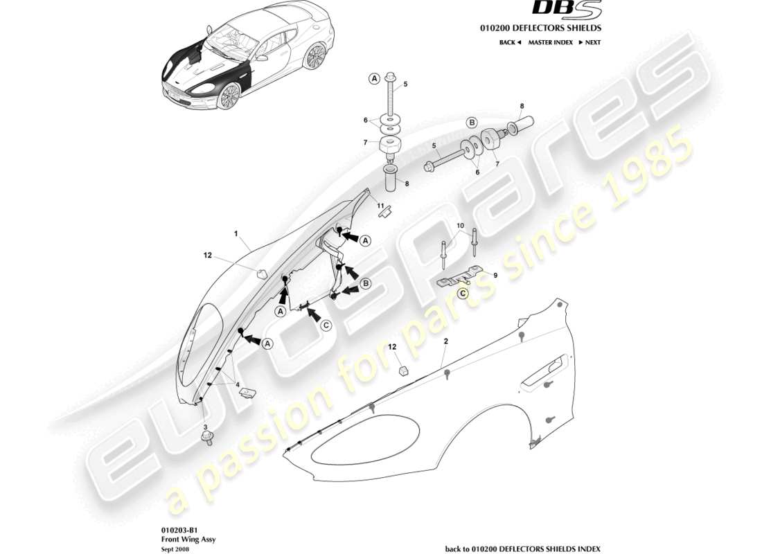 aston martin dbs (2012) conjunto de ala delantera diagrama de piezas