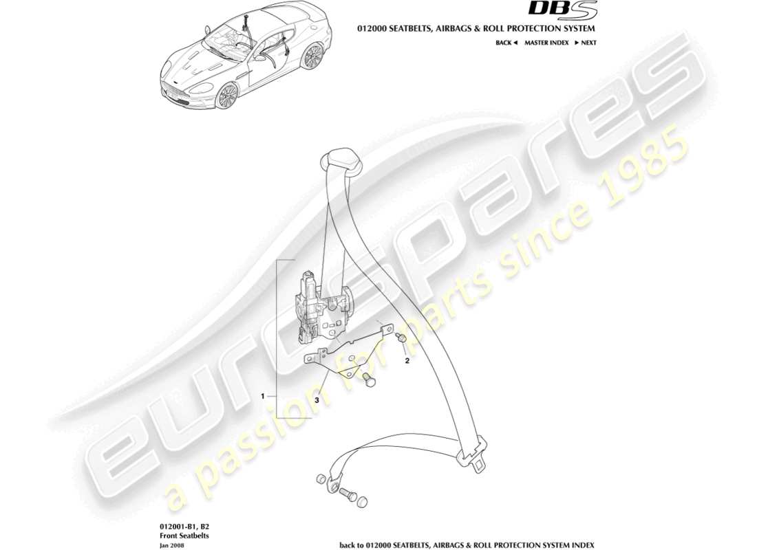 aston martin dbs (2010) cinturones de seguridad delanteros diagrama de piezas