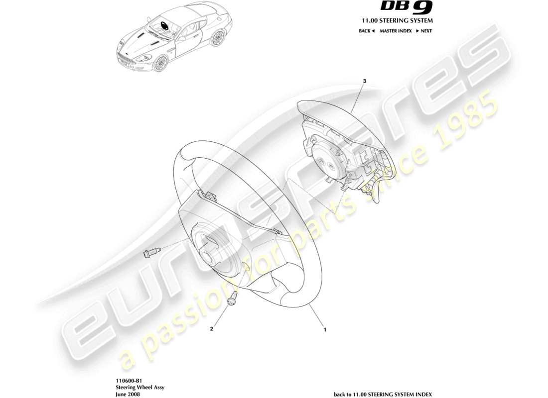 aston martin db9 (2005) diagrama de piezas del conjunto del volante