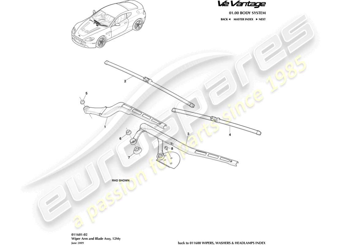 aston martin v12 vantage (2010) conjunto de escobilla de limpiaparabrisas, 12my diagrama de piezas