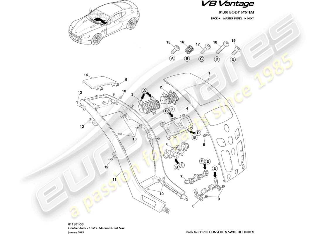 aston martin v8 vantage (2013) consola central, manual, diagrama de piezas 16my
