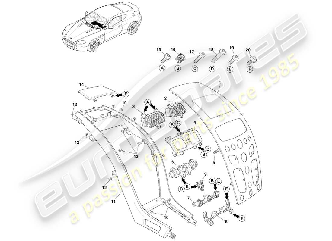 aston martin v8 vantage (2005) columna central, asm, diagrama de piezas 16my