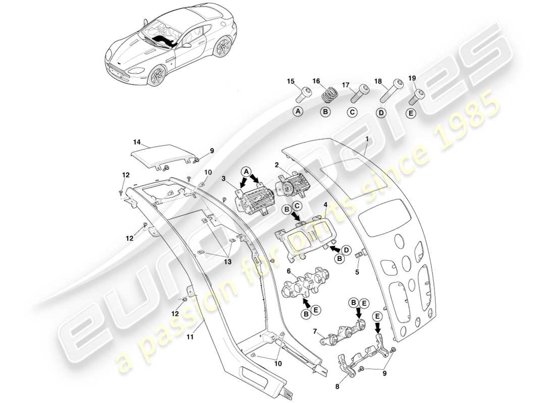 aston martin v8 vantage (2005) consola central, manual, diagrama de piezas 16my