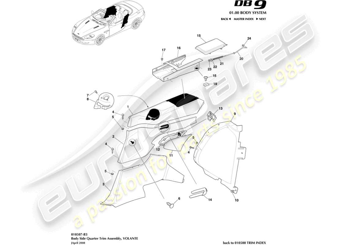 aston martin db9 (2011) body side quarter trim, volante diagrama de piezas