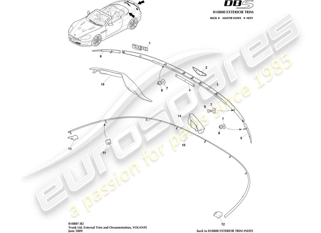 aston martin dbs (2009) embellecedor de tapa de maletero, volante diagrama de piezas