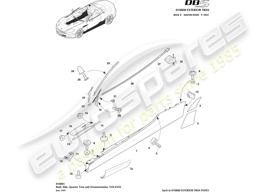 aston martin dbs (2007) molduras laterales y laterales, volante diagrama de piezas