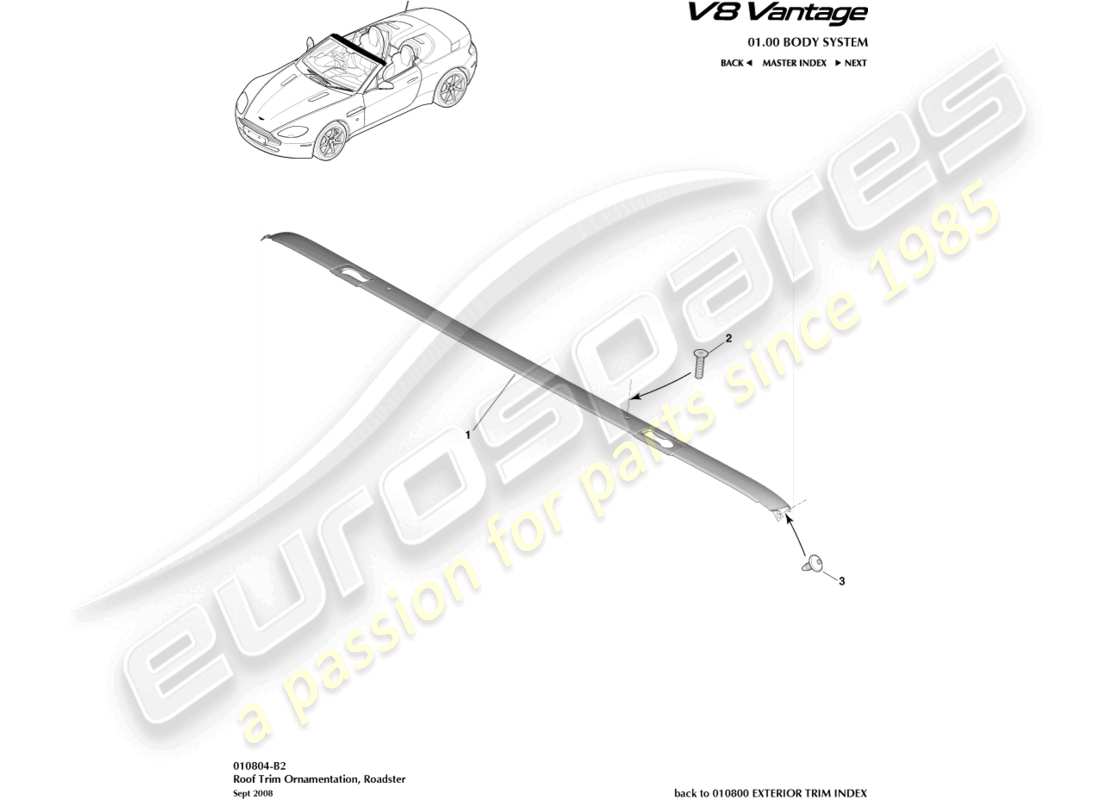 aston martin v8 vantage (2013) adorno de techo, diagrama de piezas del roadster