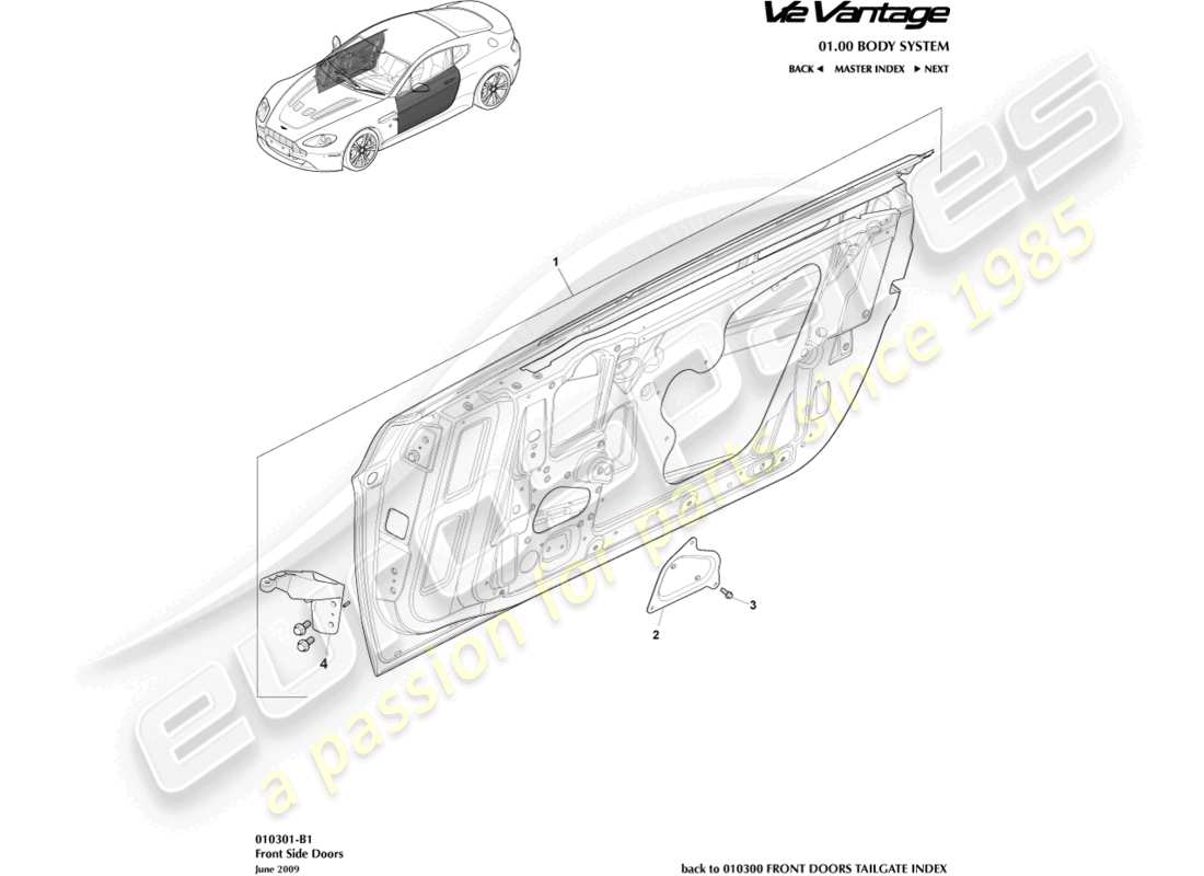 aston martin v12 vantage (2011) diagrama de piezas de las puertas laterales delanteras